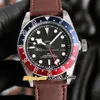 42mm DATE GMT Black Dial Asian 2813 Automatisk M79830RB-0002 MENS Titta på M79830RB Blue Red Bezel Steel Case Brown Leather Strap Gent308s