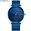 Relógio masculino crrju moda minimalista azul waches para homem ultra-fino malha cinta relógio casual à prova dwaterproof água relógio de pulso presente para me3050
