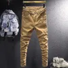 Men's Jeans Street Style Fashion Men Khaki Color Elastic Slim Fit Hip Hop Zipper Spliced Designer Casual Denim Punk Pants261W