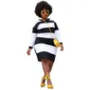 플러스 사이즈 드레스 L-4XL 여성 스트라이프 인쇄 긴 슬리브 아프리카 스타일 미디 드레스 페샤인 기본 측면 슬릿 티셔츠 슬림