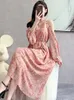 Basic Casual Dresses New Spring And Summer French Ink Print Dress Women's Bohemia Style Sweet Beach Vacation Sexy Off Shoulder Long Dress Robe 2024