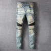 Jeans da uomo 2021 Vintage Punk Impiombato Uomini Cerniera Pieghettato Designer Per Motorcyle Blu Streetwear Pantaloni Indossati Pantaloni232G