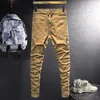 Men's Jeans Street Style Fashion Men Khaki Color Elastic Slim Fit Hip Hop Zipper Spliced Designer Casual Denim Punk Pants261W