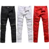 Hommes à la mode mode collège garçons maigre piste droite fermeture éclair Denim pantalon détruit déchiré jean noir blanc rouge Jeans1330j