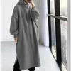 Dameshoodies 2023 Winter De Verenigde Staten Mode Fleece Middellange Pullover Capuchon Mouw Cap Oversized Losse Zijsplit Jurk