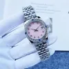 Relógio mecânico automático feminino, anel de diamante, face rosa, pulseira de aço inoxidável 28 31mm, tamanho pequeno 242o