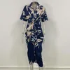 Casual Dresses Women Long Dress Turn-Down Collar Short Sleeve Belt Shirt Summer Elegant Flower Pattern Print Ruched Female Clothing