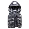 Gilets pour hommes Veste sans manches Mode Brillant Gilet Hiver Chaud Capuche Poches Coton Rembourré Mari Rouge Noir Automne Down Gilet Mâle