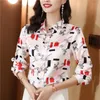 Vintage elegancka satyna kwiatowa koszula Kobiety z długim rękawem designerki drukowane bluzki 2023 jesień zimowy modny guziki pas startowy w górę Koszulki