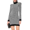 Fshion Style Original Design Top Quality Women's Houndstooth Dress Metal Buckles Slim Casual High-Necked Bright silk289g