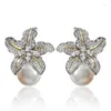 Boucles d'oreilles mignonnes pour femmes, pierre de cristal, fleur, couleur argent, mariage, charme, mode, grande perle blanche