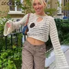 Women's Sweaters Y2K Hollow Out Cropped Knit Smock Top Women Vintage Loose Distressed Crochet Pullovers Crop Tops Fairy Grunge Sweater Cover-upL231004