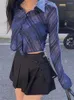 Женские футболки 2023, полосатые сетчатые блузки в клетку, женские укороченные топы на пуговицах с длинными рукавами, корейский уличный стиль, весна-лето, готическая одежда