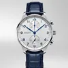 Klasyczny nowy ruch kwarcowy Chronograph Men Watch Stopwatch Sapphire Watches Silver Blue Leather Sport Limited White Dial259i