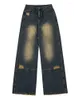 Men's Jeans Autumn Vintage Broken Hole Yellow Mud Dyed Contrast Loose Straight Leg High Street Hip Hop Old Wide Pants