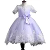 Novo Princess Flower Girl Dresses for Weddings Lace Ilusão Puffy Little Baby First Comunhão Apliques de Flora 3D Tulle Crianças Vestidos de concurso 403