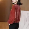 Kvinnors blusar 2023 Autumn Casual Women Short Blus Gold Velvet Shirt Winter Long Sleeve Stand Collar Blousas Basic Tops Pullovers WZ2300