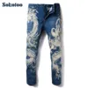 Sokotoo Men's Fashion Dragon Print Jeans Male Colored Ritning Painted Slim Denim Pants Elastic Black Long Byxor Y190723012556