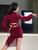 Stage Wear 2023 Children Latin Dance Dress For Girls Burgundy Long Sleeves Fringe Rumba Performance Competition DNV18616