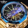 Winnaar Blauw Licht Glas Nieuwe Mode Heren Horloges Zwart Gouden Roestvrij Staal Waterdicht Sport Automatisch Horloge Lichtgevende Clock304N