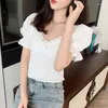 Kvinnors blusar Ggright Chemise Femme Short Puff Sleeve Blus Shirt Top Women Poleras Mujer Back Lace Up White Summer Lady Tops 2023