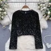 Women's T Shirts Women Body Crop Top Feminina Floral Check Embroidered Lace Mesh Long Sleeve Sequined Beaded Short Shirt