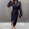 Casual Dresses Women Spring Elegant Party Lace Hollow Dress Solid Sexy Office Lady Slit Black Long Sleeve Off Shoulder AU333D