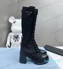 2022SS Designer Women Nylon Bright Leather Boots Monolith Shiny Combat Shoes Hailf Outdoor Thick Bottom Midlength Long Boot