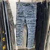 Riktiga bilder 22SS blå tunga tvättade jeans förstör denim byxor män kvinnor tunga tygbyxor mode283r