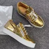 Designer Sneakers Men Traine Black Patent Leather Gold Side Zip Sneakers Men Women Metal Square Design Flat Shoes Lace-Up Plaid Square Round Toe Casual Shoes