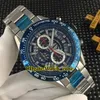 New 43mm 4 Color High Quality Skeleton Blue Dial Quartz Chronograph Men's Watch Blue Bezel Silver Case SS Steel Band Watches240W