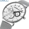 الساعات الرجالية Crrju Top Brand Luxury Fuxury Ultra Thin Think Clock Slay Steel Strap Casual Quartz Watch White Sport Wristwatch L2230