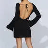 Casual Dresses High Waist Long Flare Sleeve Knitted Striped Backless Mini Dress Femals LaceUp Hip Package Club Streewear Party Vacation