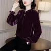 Kvinnors blusar 2023 Autumn Casual Women Short Blus Gold Velvet Shirt Winter Long Sleeve Stand Collar Blousas Basic Tops Pullovers WZ2300