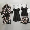 Indumenti da notte da donna in raso estivo 4 pezzi Set di vestaglie Kimono in seta sintetica Pigiama per le donne Stampa floreale Camicie da notte sexy taglie forti S276i