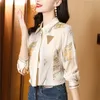 2023 Classic Lapel Women Designer Bluuses Autumn Winter Vintage Silk Satin Långärmad blå skjortor Fina eleganta Office Ladies Graphic Button Up Shirt Runway Tops