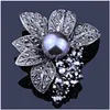 Pins Brooches Farlena Jewelry Imitated Gray Pearl Crystal Flower Sweater And Vintage Black Rhinestone Brooch For Women Drop Delivery Dhzok