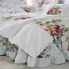 Koreański styl beżowy zestaw pościeli ślubnej w 100% bawełna 4PCS luksusowy druk róży koronkowe marszczenia kołdra kołdra bedspread bed252o