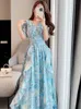 Grundlegende Freizeitkleider Neue Sommermode Druck Chiffon Langes Kleid Damen Luxus High-End V-Ausschnitt Puff Kurze Ärmel Kleider Weibliche Kleidung 2024