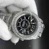 Часы Full Diamond SKY 40 мм, роскошные часы Iced Out, автоматические мужские серебряные часы из нержавеющей стали, черный циферблат, водонепроницаемый комплект из нержавеющей стали Diamond216a