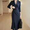 Casual Dresses Office Ladies V-ringning Double Breasted Blazer Trumpet Dress Belted Women Business Slim Merraid322B