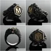 Ringen Klassieke Retro Zwarte Mannen Goudvulling Carving M Letter Signet Steampunk Voor Birhday Gift Party Gothic Sieraden Drop Delivery Ring Dhy85