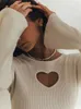 Maglioni da donna a coste lavorati a maglia manica svasata maglione o-collo a forma di cuore tagliato slim pullover maglione donna solido moda casual maglieriaL231004
