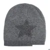 Bonnet / Skull Caps Beanie / Skl Style Femmes Hiver Chaud Mode Tricoté Coton Bonnets Solide Couleur Étoile Strass Casual Skl Hip Hop Dhzjk