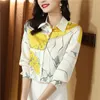 Luxury Silk Satin Retro Floral Shirt Women Designer Långärmad Blue Casual Button Up Bluses 2023 Autumn Winter Classic Lapel Runway Shirts Office Ladies Söta toppar