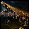 LED -strängar Solar Lamp Star Moon Fairy Curtain String Lights Christmas Garland för Bar Home Party Garden Patio Window Decor Remote Dro DHER5