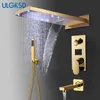 ULGKSD Badkamer Douchekraan LED Gouden Messing Waterval Regendouche Wall Mount en Koud Water Mengkraan2551