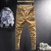 Mäns jeans street stil mode män khaki färg elastisk smal fit hip hop blixtlås skarvad designer casual denim punk pants208o