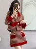 Tweedelige Jurk Hoge Kwaliteit Houndstooth Boog Kleine Geur Tweed 2 Delige Set Vrouwen Korte Jas Jas + Rok sets Koreaanse Mode Tweedelige Pak 2024