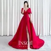 붉은 측면 스플릿 이브닝 드레스 어깨 네크 라인 바닥 길이 새틴 형식 드레스에서 라인 댄스 파티 가운